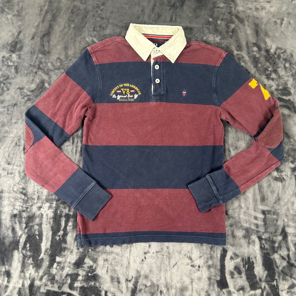 Louis Philippe Rugby Shirt Mens M Burgundy Navy V8 Circuit of the Americas